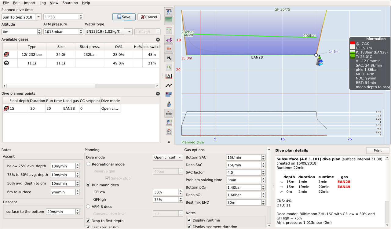 screenshot of subsurface in dive planning mode